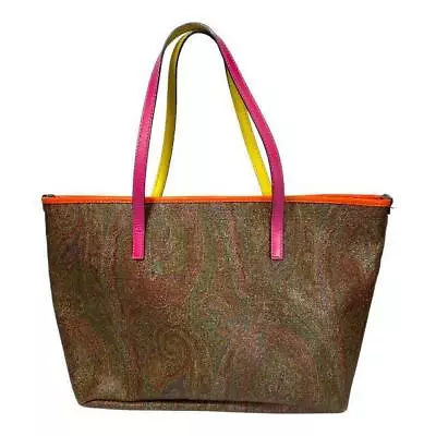 ETRO Handbag Tote Bag Paisley Pattern Leather Brown Multicolor Inner Pockets • $185