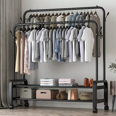 Heavy Duty Double Hanging Clothes Rail Garment Display Stand Hat Coat Rack Wheel • £11.95