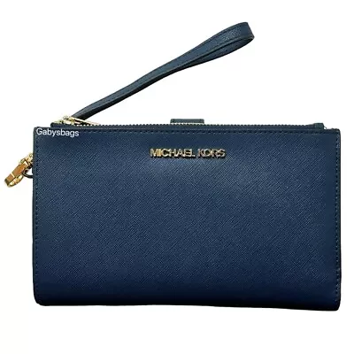 Michael Kors Jet Set Travel Large Double Zip Phone Wallet Wristlet Navy Leather • $59