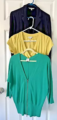 3pc CABI Lot Medium Banner Green Sweater/ Yellow Faux Wrap Top/ Black Blazer EUC • $25