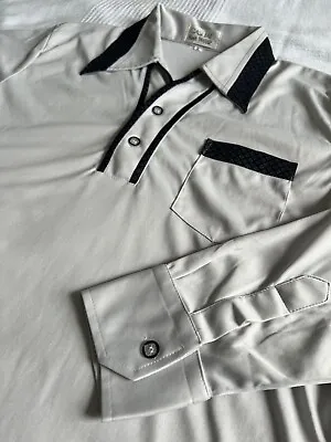 70s Disco Shirt Large Grey Slim Fit Japanese 40  Cuban Open Collar TRUE VINTAGE • £19.83