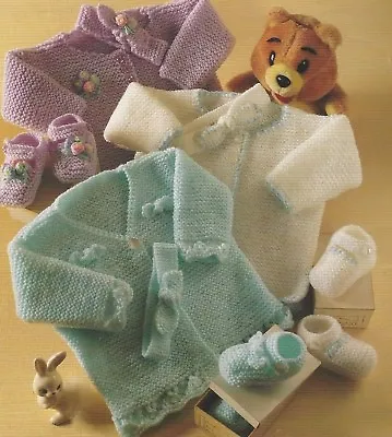 Baby Easy Knit Matinee Coat Shoes And Headband Knitting Pattern DK 14-20  1116 • £2.09