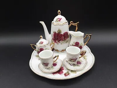 Vtg Elegant Red Rose Pattern Miniature Child’s/Display Tea Set Dolls Gilt • $24.99