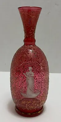 Antique Moser Cranberry Glass VASE Gold Paste Flowers & Mary Gregory Woman/Harp • $110