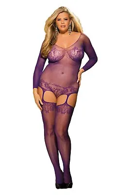 Sheer Mesh Chevron Design Front Long Sleeves Teddy Body Size UK 12-18 Purple • £14.99