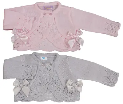 Baby Girl Cardigan Spanish Bolero Style Bows Fine Lacy Knit Pink Grey 0-24 Month • £13.95