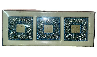 Bombay Company Set Of 3 Blue Beaded Bohemian Mini Picture Photo Frames Decor • $18.95