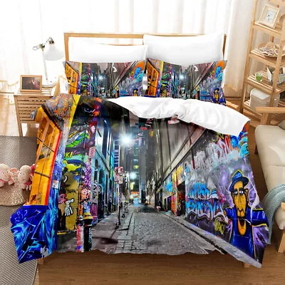 Graffiti Wall Art Doodle Print Duvet Cover Quilt Cover Pillowcase Bedding Set #2 • $25.30