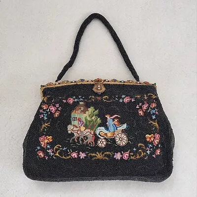 Vintage Embroidered Beaded Purse With Ornate Bejeweled Gold Metal Clasp Frame • $195