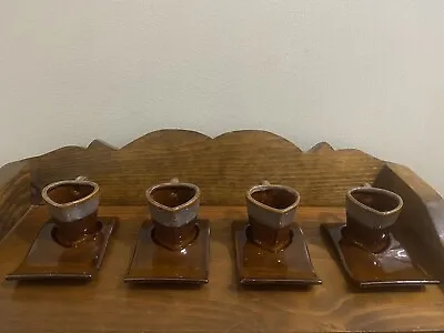 Set Of 4 Vintage Al-Daya Espresso Cups & Saucer Art Pottery Glazed Clay Signed • $59.95