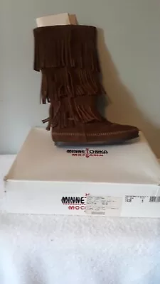 New Minnetonka Women’s Size 5 1638 3 Layer Fringe Boots Dusty Brown Suede • $25