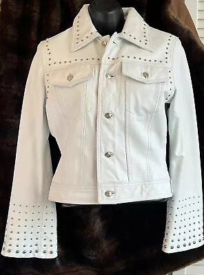 WHITE Leather Studded JKT Wm’s Sz S Reminds Me Of **ELVIS**Bell Sleeve EXCELLENT • $115
