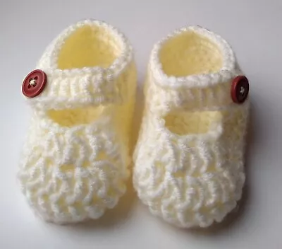 Crochet Baby Shoes/Slippers 0-3 Months Handmade Mary Jane Style/Cream 8cm Sole • £2.95