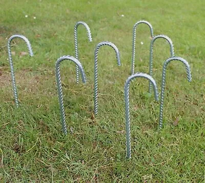 8x Large Ground Stakes Galvanized Metal Ribbed Tent Gazebo Hooks Camping Garden • £13.90