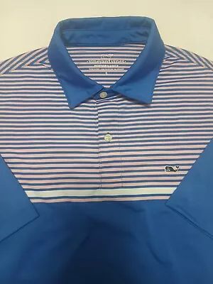 Vineyard Vines Mens Small Blue & Pink Striped Performance Golf Polo Shirt Whale • $17.99