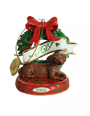 Danbury Mint 2005 Dachshund Delight Christmas Dog Wreath JOY Porcelain Ornament • $19.95