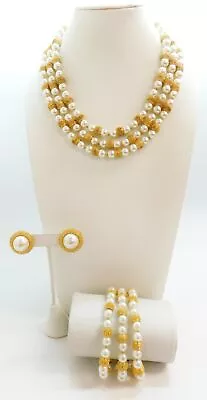 VNTG Crown Trifari Gold Tone & Faux Pearl Earrings Necklace Bracelet Demi Parure • $80