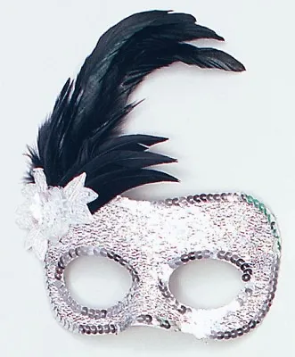 Silver Masquerade Ball Carnival Sequin Feather Eye Mask Fancy Dress  • £4.49