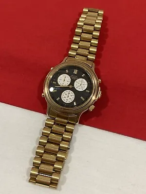 BULOVA 92A90 Quartz Japan Chronograph Alarm Gold Black Mens Wrist Watch WORKS! • $189.95