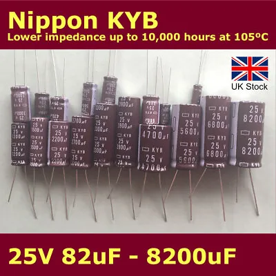 Nippon KYB Capacitors 25V Low Impedance 82uF-8200uF Up To 10000 Hours At 105C • £1.99