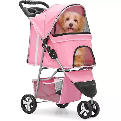 Foldable Pet Stroller For Cats And Dogs 3 Wheels Carrier Cart W/Cup Holder Pink • $53.59