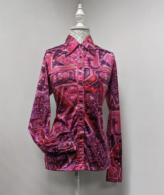Epic Vintage 1970s Jersey Masters Pink Psychedelic Dagger Collar Shirt - Size 12 • £32
