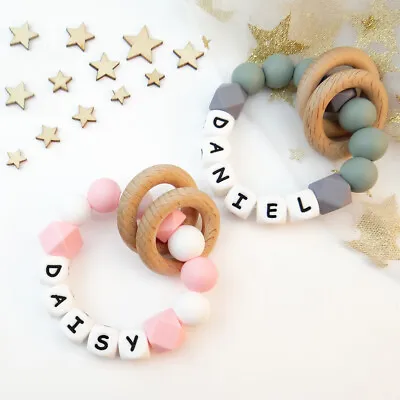 Personalised Name Silicone Teether Chewable Teething Ring Baby Shower Gifts New • £5.82