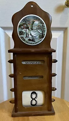 Vtg Enesco Wooden Calendar Perpetual Paper Rolling Dates Ceramic Insert 13  X 5  • $35