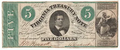1862 Virginia Treasury US $5 Five Dollar Note Obsolete Confederate Currency • $46.97