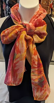 TWO In ONE Paisley/ Floral Scarf  Viscose? Pink Orange Green EXTRA LONG 20x76 • $13.95