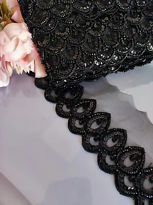 1 Yard Black Fancy Embroidery With Beads Work Latest Lace Trim For Embellishing  • £5.50