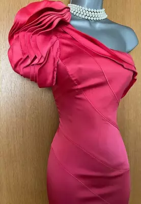 KAREN MILLEN Coral Pink Silk Dress UK 10 One Shoulder Ruffle Cocktail Pencil • £29.99