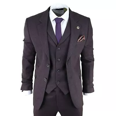 Mens Herringbone Tweed 3 Piece Suit Purple Plum Tailored 1920s Vintage Blinders • $198.89