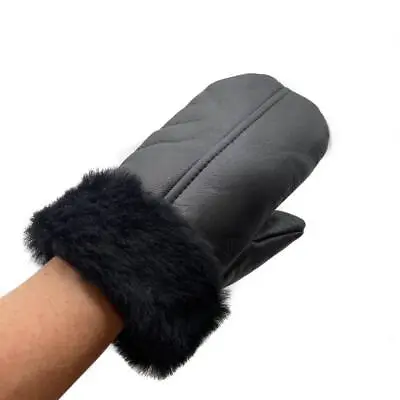 Men's And Women's Genuine Shearling Sheepskin Leather FUR  MITTENS Black • $39