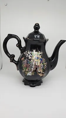 Vintage Tea Pot Black Background W/ Embossed Enamel Style Painted Asian Scenery. • $18