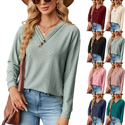 Womens V-Neck Long Sleeve Casual Loose Plain Tops Shirts Tee Pullover Plus Size • £13.63