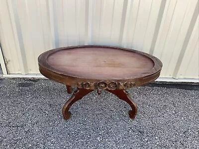 Victorian Mahogany Carved Oval Marble Top Coffee Table   • $199.95