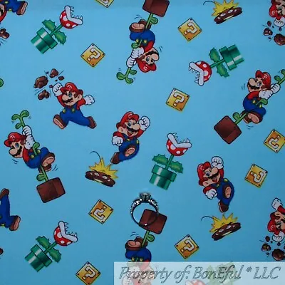 BonEful Fabric FQ Cotton Quilt VTG Aqua Blue Super Mario Brothers Game Boy Comic • $18.24