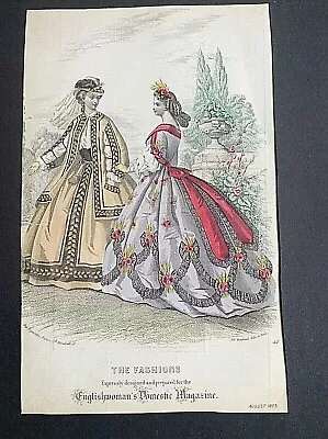 1863 FASHION PLATE COSTUME. ANTIQUE HAND COLOURED ENGRAVED PRINT 21cmX13cm (A2) • £9