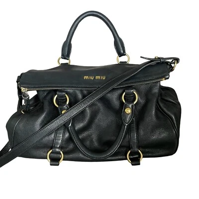 $360 • Buy Authentic MIU MIU Vitello Lux Black Calf Leather Satchel/Gold Hardware Large