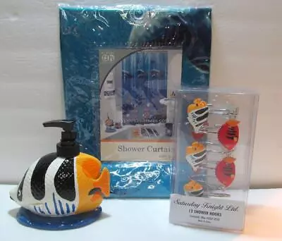 Novelty Bathroom REALISTIC FISH Shower Curtain Soap Dispenser & Hooks 3 Pc Set • £86.73