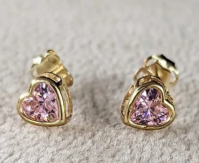 Kid's 9ct Yellow Gold Pink Cubic Zirconia  Heart Stud Earrings • £35