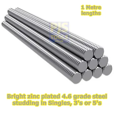 £9 • Buy Metric Zp Steel Studding 1m Metre Zinc Plated Allthread Stud Bar Threaded Rod