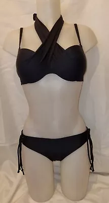 Gorgeous Black COBEY Push-up Underwired Bikini Top Bottom Set Size 10 12 • £6.99