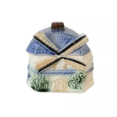 Vintage Made In Japan Blue And Green Windmill Ceramic Trinket Box • $11.19