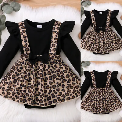 Baby Girl Long Sleeve Ruffles Leopard Romper Dress Headband Party Sets Overall • £9.59
