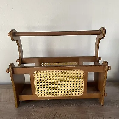 Vintage Oak Wood Woven Wicker Rattan Cane Magazine Book Vinyl Record Rack Holder • $59.95