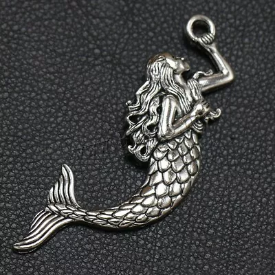 Large Mermaid Pendant Antiqued Silver Focal Ocean Jewelry 76mm  • $4.37
