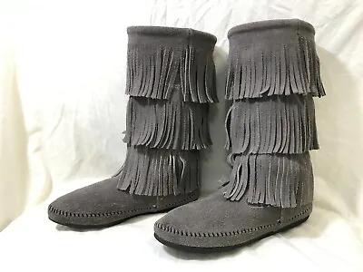 Minnetonka 3-Layer Fringe Mid Calf Gray Suede Boot Women 8 • $15