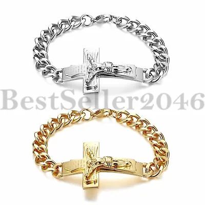 Men Women Jesus Christ Crucifix Religious Cross Curb Chain Link Bracelet 8.3  • $9.99